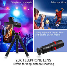 Load image into Gallery viewer, DELLURGO Phone Camera Lens 20x Telephoto Lens 205° Fisheye Lens 15x Macro Lens 0.63x Wide Angle Lens with Tripod Travel Case Cell Phone Lens Kit for iPhone XR/Xs/Max/8/7/6 Plus/Samsung/Google Pixel
