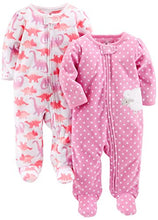 Load image into Gallery viewer, Simple Joys by Carter's Baby Girls' 2-Pack Fleece Footed Sleep and Play, Dino/Lambs, 0-3 Months
