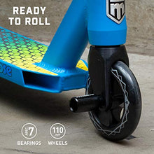 Load image into Gallery viewer, Mongoose Rise 110 Elite Youth and Adult Freestyle Kick Scooter, High Impact 110mm Wheels, Bike-Style Grips, Lightweight Alloy Deck, Blue/Yellow
