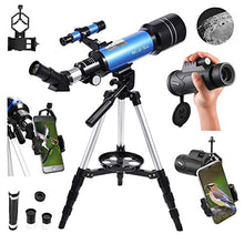 Load image into Gallery viewer, MaxUSee 70mm Refractor Telescope with Adjustable Tripod for Kids Adults &amp; Beginners + Portable 10X42 HD Monocular Bak4 Prism FMC Lens, Travel Scope with Backpack and Phone Adapter
