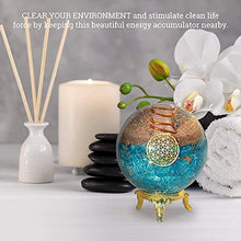 Load image into Gallery viewer, Orgonite Crystal Blue Aquamarine Crystal Ball with Stand for Positive Energy, E-emission Protection and Chakra Balancing –with Flower of Life Symbol to Promote Purpose, Serenity and Courage
