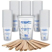 Load image into Gallery viewer, TCP Global 10 Ounce (300ml) Disposable Flexible Clear Graduated Plastic Mixing Cups - Box of 100 Cups &amp; 50 Mixing Sticks - Use for Paint, Resin, Epoxy, Art, Kitchen - Measuring Ratios 2-1, 3-1, 4-1 ML
