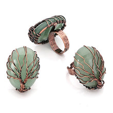 Load image into Gallery viewer, Top Plaza Handmade Retro Vintage Copper Wire Wrapped Tree of Life Oval Green Aventurine Healing Crystal Adjustable Ring Bronze Band Size 6 7 8
