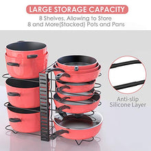 Load image into Gallery viewer, Pan Organizer Rack for Cabinet, Pot Rack with 3 DIY Methods, Adjustable Pots and Pans Organizer under Cabinet with 8 Tiers, Large &amp; Small Pot Organizer Rack for Cabinet Kitchen Cookware Organizer
