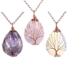 Load image into Gallery viewer, Top Plaza Wire Wrapped Tree of Life Natural Gemstone Teardrop Pendant Necklace Healing Crystal Chakra Jewelry for Women - Amethyst+Rose Quartz+Synthetic Opalite
