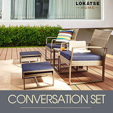 Load image into Gallery viewer, LOKATSE HOME 5-Piece Wicker Outdoor Conversation Set Patio Furniture PE Rattan All Weather Cushioned Chairs Balcony Porch with Ottoman and Glass Coffee Side Table, Blue
