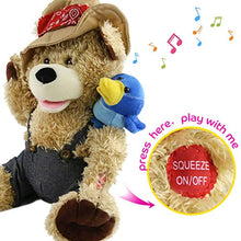 Load image into Gallery viewer, Houwsbaby Singing Teddy Bear Cowboy Stuffed Animal Gift for Kids Boys Girls Electronic Interactive Toy with Plush Pal Friend Blue Bird on His Shoulder Easter Valentine's Day Christmas Birthday, 12''
