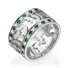 Load image into Gallery viewer, Baltinester Jewelry, Wedding Rings, 14K White Gold Hebrew Wedding Band with Diamonds and Emeralds, Elegantly Gift Packaged, Available Sizes 4-13.5
