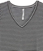 Load image into Gallery viewer, Amazon Brand - Core 10 Women's Pima Cotton Blend Short Sleeve V-Neck T-Shirt, Dark heather grey/white stripe, X-Large
