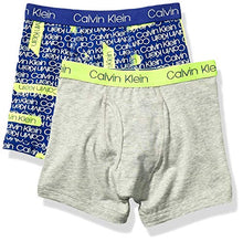 Load image into Gallery viewer, Calvin Klein Little Boy's Kids Modern Cotton Assorted Boxer Briefs Underwear, Multipack, 2 Pack - Blue Statement Print, Heather Grey, Large (12/14)
