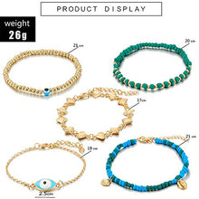 Load image into Gallery viewer, Aimimier Bohemia Evil Eye Shell Anklet Set 5Pcs Green Blue Beads Ankle Bracelet Boho Beach Jewelry for Women and Girls
