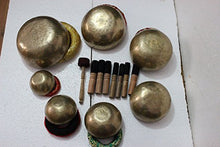 Load image into Gallery viewer, Chakra Healing Tibetan Singing Bowls Set of 7 pieces ~ Hand Hammered Himalayan Meditation Bowls ~ 5"-10" ~ included 7 Mallets, 7 cushions &amp; 1 drum stick. Handmade in Nepal by Thamelmart
