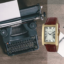 Load image into Gallery viewer, Peugeot Men's Vintage Rectangular 14K Gold Plated Wrist Watch with Matching Leather Strap Band

