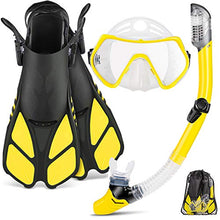 Load image into Gallery viewer, ZEEPORTE Mask Fin Snorkel Set with Adult Snorkeling Gear, Panoramic View Diving Mask, Trek Fin, Dry Top Snorkel +Travel Bags, Snorkel for Lap Swimming
