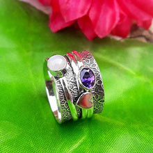 Load image into Gallery viewer, Spinner Spinning Band Ring, 925 Sterling Silver Ring, Amethyst and Moonstone Ring, Heart Mens Ring, Statement-Engagement Ring
