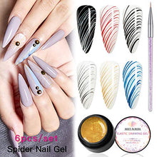 Load image into Gallery viewer, Painting Elastic Drawing Spider Gel 6 Colors Soak off UV LED Gel Polish, Drawing Nail Gel for Line, DIY Nail Art Manicure with Brushes
