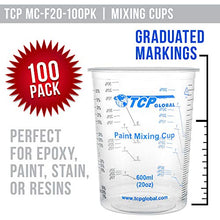 Load image into Gallery viewer, TCP Global 20 Ounce (600ml) Disposable Flexible Clear Graduated Plastic Mixing Cups - Box of 100 Cups &amp; 50 Mixing Sticks - Use for Paint, Resin, Epoxy, Art, Kitchen - Measuring Ratios 2-1, 3-1, 4-1 ML
