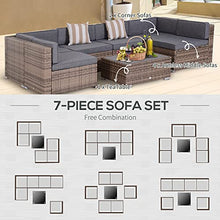 Load image into Gallery viewer, Outsunny 7-Piece Outdoor Rattan Sofa Set Wicker Patio Sectional Sets, Conversation Furniture Set with Cushions &amp; Slat Plastic Wood Table, Grey
