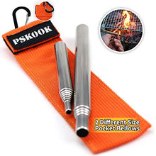 Load image into Gallery viewer, PSKOOK 2 Size Pack Pocket-Size Fire Bellows Collapsible Stainless Steel Fire Blower Pipe Builds Campfire Tool with Poly Carrying Bag (2 Size)
