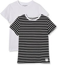 Load image into Gallery viewer, Kid Nation Kids Unisex 2 Packs 100% Cotton Tagless Short Sleeve Jersey Crewneck T Shirts for Boys and Girls 4-12 Years L White + Black Stripe
