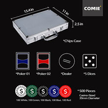 Load image into Gallery viewer, Comie Poker Chips,500PCS Poker Chip Set with Aluminum Travel Case,11.5 Gram Poker Set for Texas Holdem Blackjack Gambling
