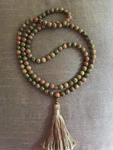 Load image into Gallery viewer, Unakite and Moonstone Mala 108 Beads | Mala Necklace | Smooth Beads for Mantra | Tassel Mala | Meditation Beads
