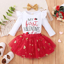 Load image into Gallery viewer, My First Valentine's Day Newborn Baby Girl Outfit Long Sleeve Romper + Valentine's Tutu Skirt + Headband 3PCS Clothing Set (White, 6-12 Months)

