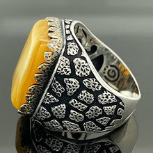 Load image into Gallery viewer, Men Silver Ring, Amber Stone Ring, Honey Amber Gemstone, Embroidered Ottoman Jewelry, 925 Sterling Silver Ring, Gifts for Him
