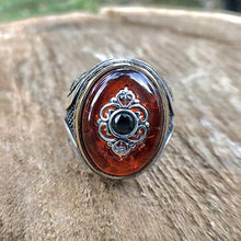 Load image into Gallery viewer, MEVA 925k Stamped Sterling Silver Carved Design Red Agate (aka Aqeeq) and Black Onyx Stone Men's Ring RKB0015 (10)
