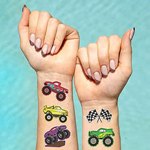 Load image into Gallery viewer, xo, Fetti Monster Truck Party Supplies Temporary Tattoos - 42 Metallic Styles | Trucks, Big Cars, Finish Lines + Flames
