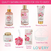 Load image into Gallery viewer, Home Spa Gift Basket - Wild Rose &amp; Raspberry Leaf Scent - Luxurious 7 Piece Bath &amp; Body Set For Men/Women, Contains Shower Gel, Body Lotion, Body Scrub, Bath Salt, Body Mist, Bath Puff &amp; Shower Caddy
