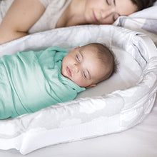 Load image into Gallery viewer, Baby Delight Snuggle Nest Harmony Infant Sleeper | Silver Clouds Fabric Pattern | Portable Sleeper with Sound &amp; Light Unit | Waterproof Foam Mattress w/ Sheet
