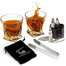 Load image into Gallery viewer, Whiskey Bullet Stones Premium Gift Set By Frolk, Set Of 6 Extra Large Stainless Steel Whiskey Stones, 2 Large Twisted Whiskey Glasses (11 oz), Freezer Base, Velvet Pouch &amp; Tongs In Novelty Wooden Box
