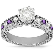 Load image into Gallery viewer, Antique Band Bridal Set Diamond and Amethyst Engagement Ring and Band 18k White Gold (1.80ct
