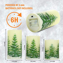 Load image into Gallery viewer, Rocinha Christmas Flameless Candles with Timer Battery Operated Flickering Candles Set of 3 Real Wax Christmas Pillar Candles with Christmas Tree Printing
