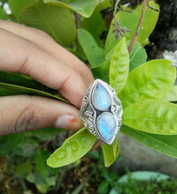 Load image into Gallery viewer, Natural Moonstone Ring Sterling Silver Ring Healing Ring Blue Flash Ring Promise Ring June Birthday Filigree Ring Love Stone Bridesmaid Ring Dainty Ring Charming Ring Boho Chic Ring
