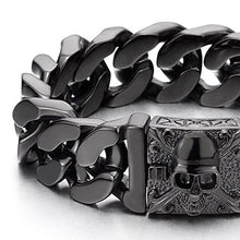 Load image into Gallery viewer, COOLSTEELANDBEYOND Mens Black Large Steel Curb Chain Bracelet with Fleur De Lis and Skull, Biker Gothic, Polished
