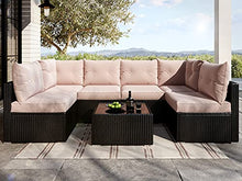 Load image into Gallery viewer, Allewie Patio Furniture Set 7 Pieces Outdoor Furniture with Seat Cushions and Tempered Glass Coffee Table, Wicker Patio Conversation Sets for Backyard, Porch, Balcony, Poolside, Khaki &amp; Black
