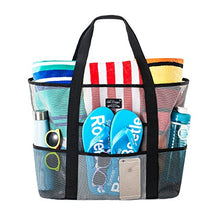 Load image into Gallery viewer, SoHo, Mesh Beach Bag - Toy Tote Bag - Large Lightweight Market, Grocery &amp; Picnic Tote with Oversized Pockets (Black/White)
