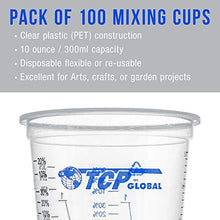 Load image into Gallery viewer, TCP Global 10 Ounce (300ml) Disposable Flexible Clear Graduated Plastic Mixing Cups - Box of 100 Cups &amp; 50 Mixing Sticks - Use for Paint, Resin, Epoxy, Art, Kitchen - Measuring Ratios 2-1, 3-1, 4-1 ML
