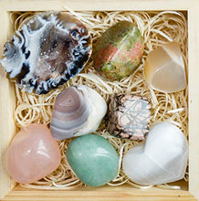 Load image into Gallery viewer, Crystalya Premium Grade Crystals and Healing Stones in Wooden Box for Fertility, New Moon, Meditation - Rose Quartz, Unakite, Rhodonite, Moonstone, Occo Geode, Selenite, Gemstones + Info Guide
