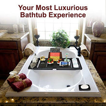 Load image into Gallery viewer, ROYAL CRAFT WOOD Luxury Bamboo Bathtub Caddy Tray with Book and Wine Holder - One or Two Person Bath and Bed Tray with Extending Sides - Free Soap Dish (Black)
