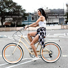 Load image into Gallery viewer, sixthreezero EVRYjourney Women's 7-Speed Step-Through Hybrid Cruiser Bicycle, 26" Wheels with 17.5" Frame, Cream with Brown Seat and Grips, Model:630034
