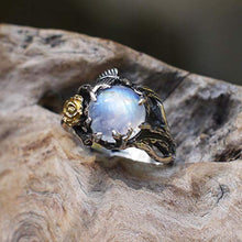 Load image into Gallery viewer, Rainbow Moonstone Ring"Cleo" READY TO SHIP, Sterling Silver and Solid Gold moonstone engagement ring, flower ring, twig ring, nature ring

