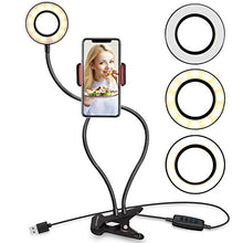 Load image into Gallery viewer, UBeesize Selfie Ring Light with Cell Phone Holder Stand for Live Stream/Makeup, LED Camera Lighting [3-Light Mode] [10-Level Brightness] with Flexible Arms Compatible with iPhone 8 7 6 Plus X Android
