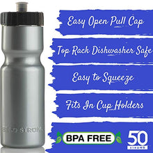 Load image into Gallery viewer, 50 Strong Bike Bottle Holder with Water Bottle - 2 Pack - 22 oz. BPA Free Bicycle Squeeze Bottle and Durable Plastic Holder Cage- Made in USA (Silver)

