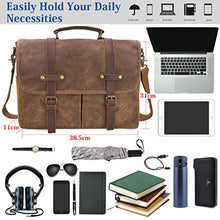 Load image into Gallery viewer, Mens Messenger Bag 15.6 Inch Waterproof Vintage Genuine Leather Waxed Canvas Briefcase Large Satchel Shoulder Bag Rugged Leather Computer Laptop Bag, Brown
