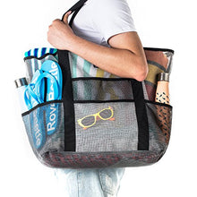 Load image into Gallery viewer, SoHo, Mesh Beach Bag - Toy Tote Bag - Large Lightweight Market, Grocery &amp; Picnic Tote with Oversized Pockets (Black/White)
