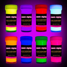 Load image into Gallery viewer, 2-IN-1 Glow In The Dark Acrylic Paint Set by neon nights – Glows in the Dark &amp; under UV Blacklight - Set of 8 Self-Luminous Neon Paints for Halloween - German Premium Quality - Phosphorescent
