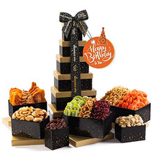 Load image into Gallery viewer, Happy Birthday Tower Gift Basket, Gourmet Nuts &amp; Dried Fruits + Black Ribbon (12 Assortments) Arrangement Platter, Care Package Variety, Healthy Food Tray, Kosher Snack Box for Women Men Adults
